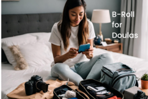 A doula sits on the bed packing her doula backpack while filming it with her phone.