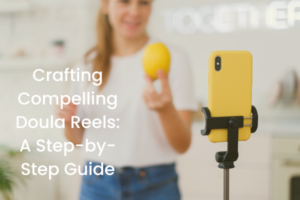 A woman stands in front of a phone filming and instagram reel. The words are written on the image: Crafting Compelling Doula Reels: A Step-by-Step Guide