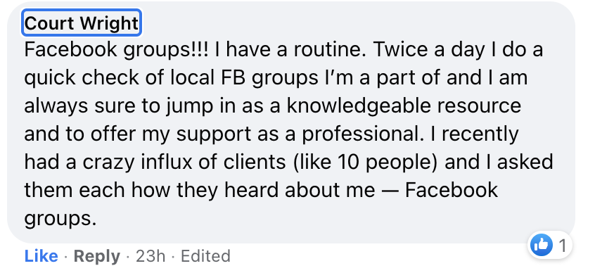 Court shares a facebook post talking about how she got a lot of new doulas clients.