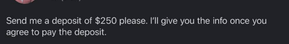 Text message that reads: "Send me a deposit of $250 please. I'll give you the info once you agree to pay the deposit."