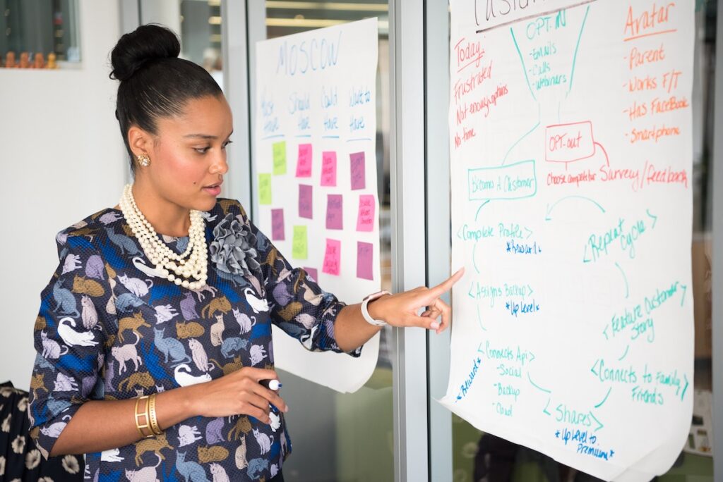 A woman in a floral shirt writes at a wall of post it notes.