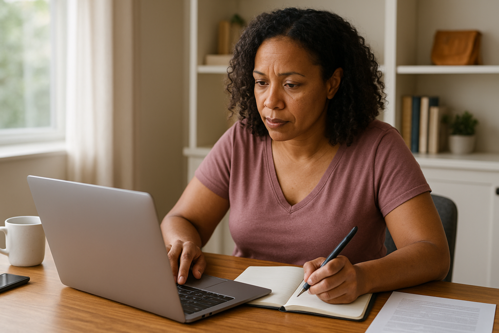 Doula working at her desk on her business.