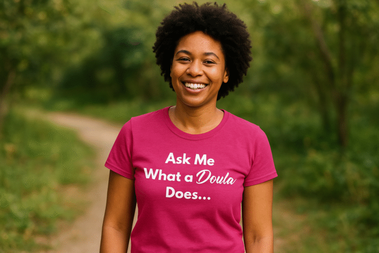 Ask me what a doula does... a t-shirt in pink worn by a black woman who is smiling.