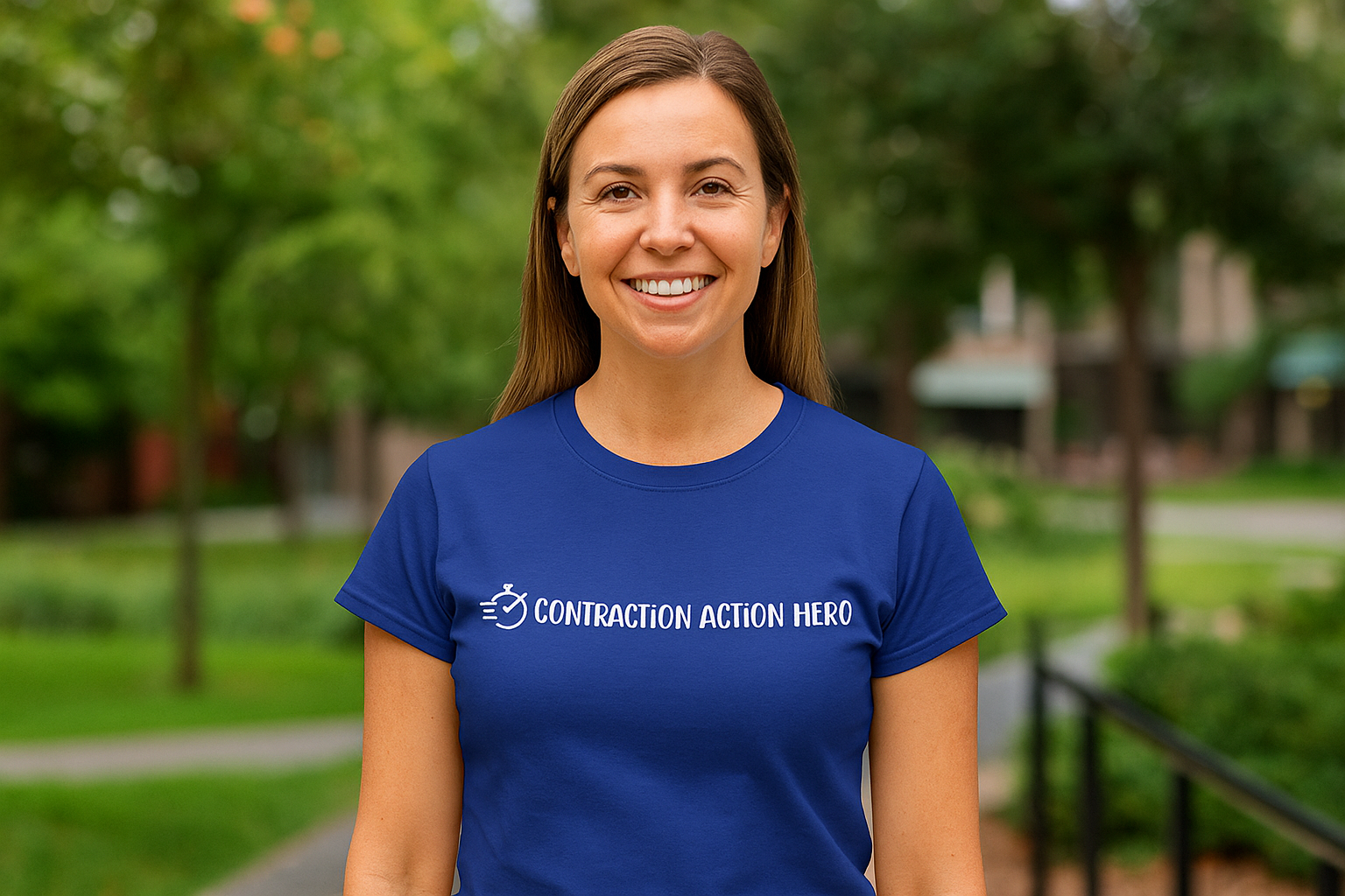 Contraction Action Hero t shirt on a smiling white doula.