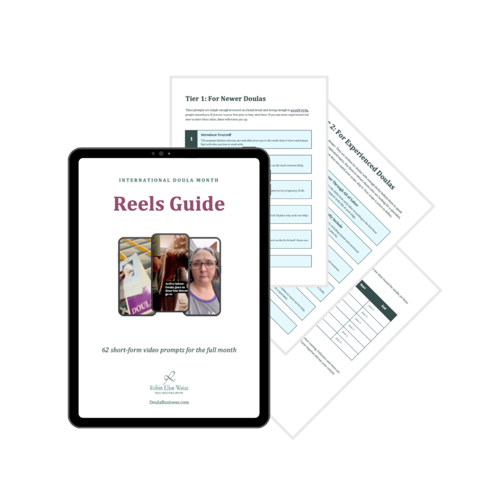 Mock up of the 2026 International doula month reels guide on three pieces of paper.