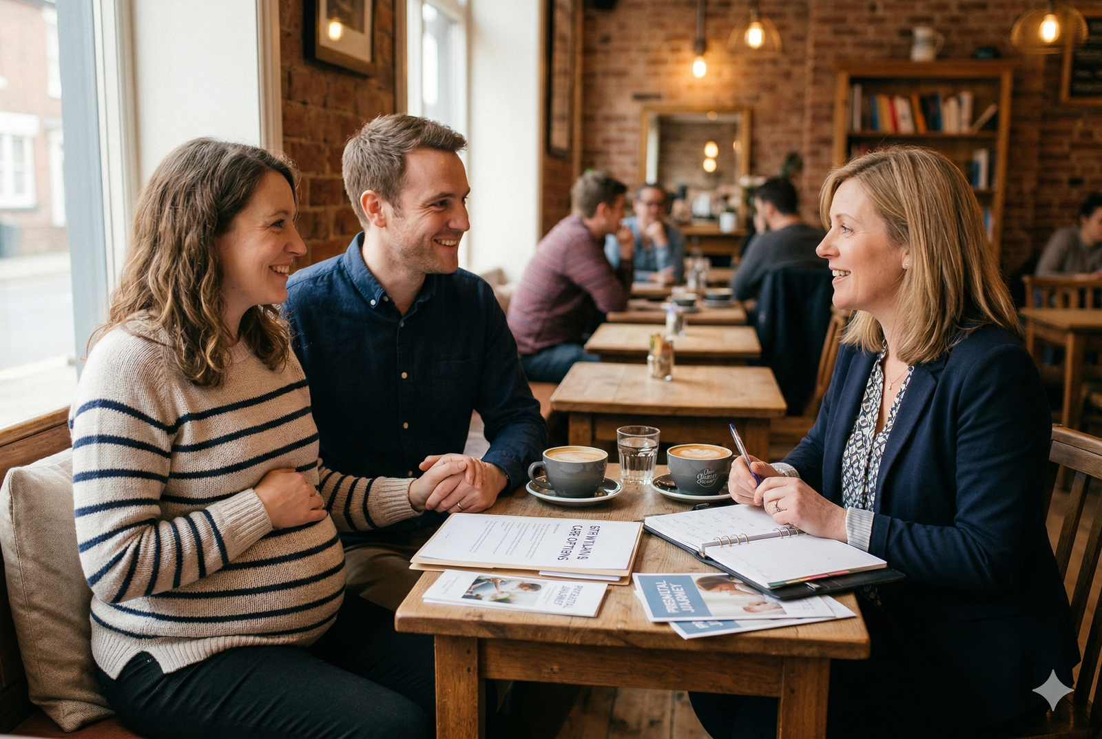A doula meets with a pregnant person and their partner at a coffee shop, reviewing materials and talking together at a wooden table.
